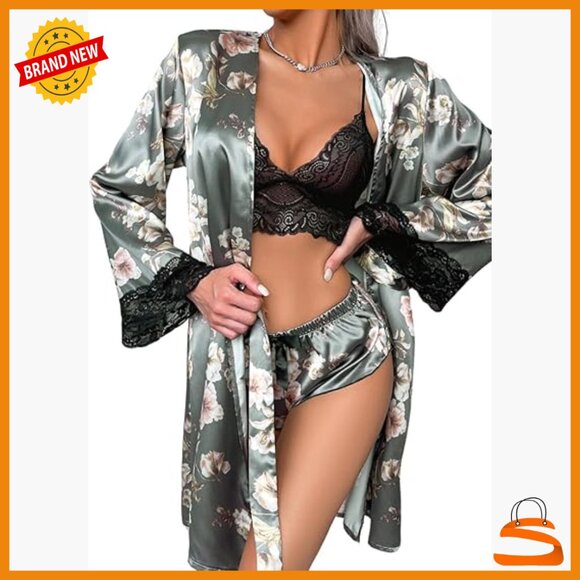 Silk Satin Pajama Set with Lace Bralette and Robe Size Small
